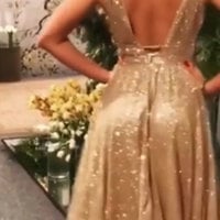 V Neck Glitter Prom Dresses Long Evening Gown - Thumbnail 1