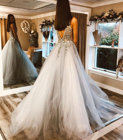V Neck Tulle Long Prom Dresses with Rhinestones