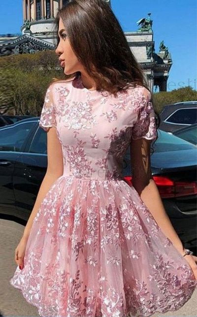 SP1202,A Line Sleeve Lace Homecoming Charming Prom Dress with Short Sleeves