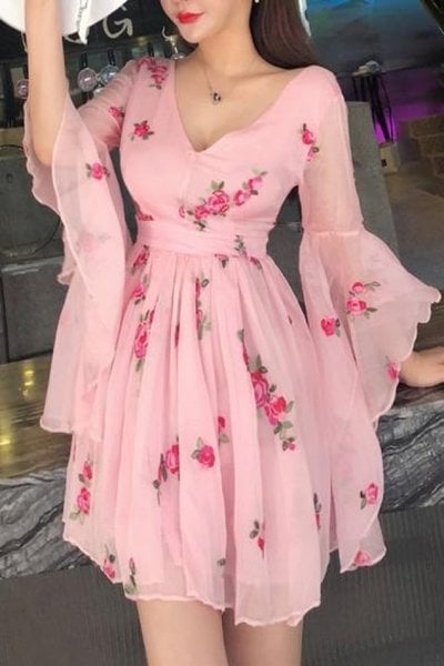 SP1211,Vintage Pink Chiffon Homecoming Dresses,Long Sleeves V-neck Mini Party Dress