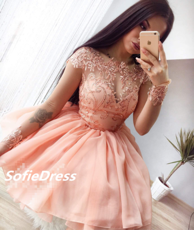 SP1217,Blush Pink Lace Homecoming Dresses,Long Sleeves Applique Homecoming Dresses,Mini Chiffon Homecoming Dresses