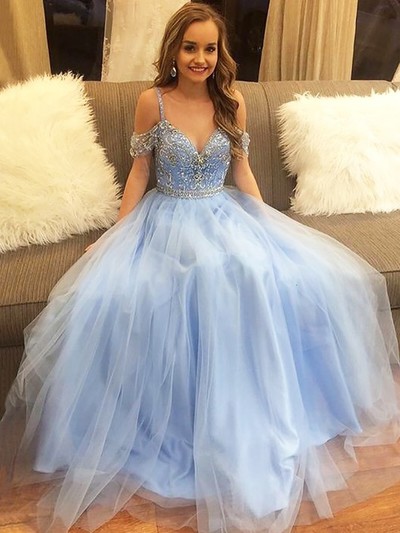SP1223,A-Line/Princess Off-the-Shoulder Floor-Length Tulle Sleeveless Beading Dresses