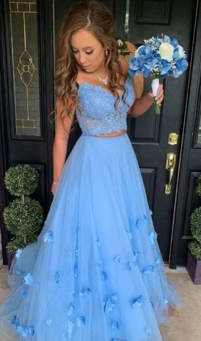 SP1226,Elegant Two Piece Blue Long Prom Dress Off the Shoulder Applique Evening Party Dress