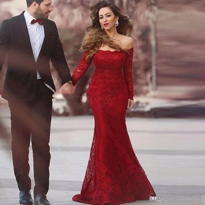 Red Lace Mermaid Prom Dress, Off The Shoulder Pageant Gown Long Sleeve,629