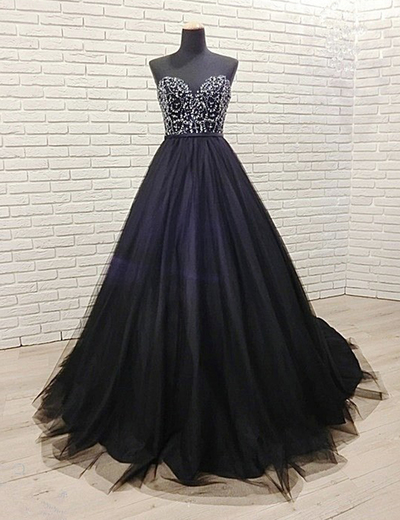 2019 Black Tulle Sweetheart Neck Sequined Long Senior Prom Dress, Party Dress,630