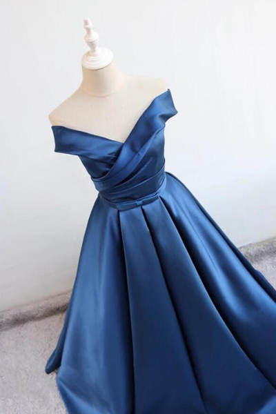 Deep blue V neck long off shoulder prom dress, long satin homecoming dresses,640