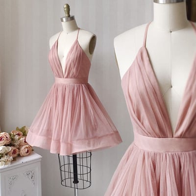 Pink v neck tulle short prom dress party dress - Thumbnail 4
