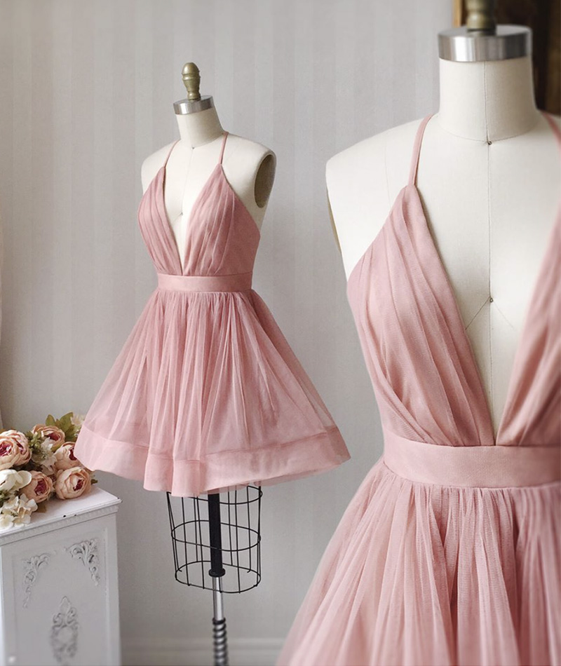 Pink v neck tulle short prom dress party dress