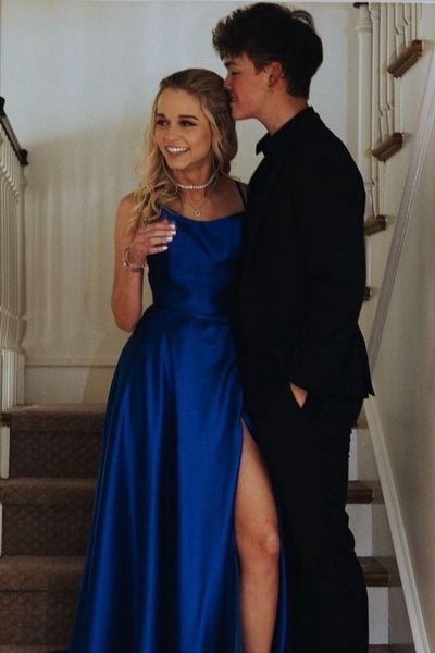 SP1235,Gorgeous Straps Royal Blue Long Prom Dress with Slit,Spaghetti Straps Evening Dresses with Cross Back