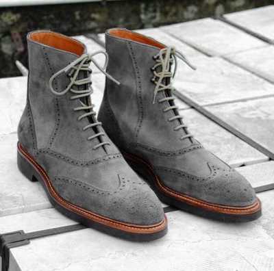 Handmade Gray Wing Tip Boot, Men's Suede Lace Up Ankle Boot, Formal Wear Oxford Boot