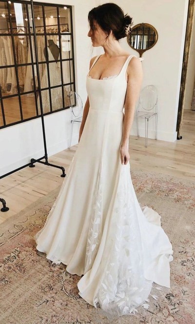 SP1262,A line White Satin Wedding Dresses with Tulle Appliques Spaghetti Straps Bridal Dress