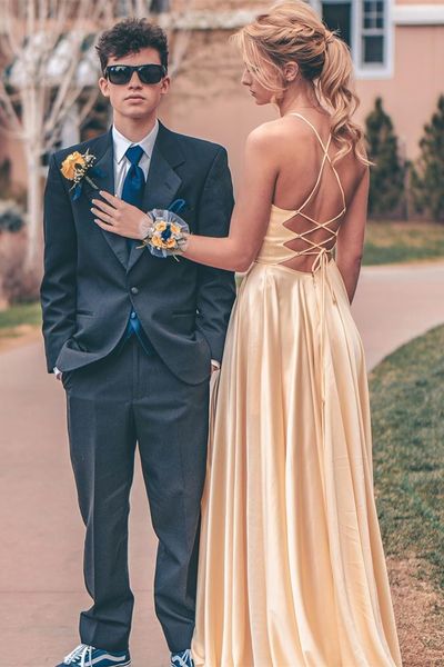 SP1273,Straps Yellow Long Prom Dress with Cross Back,Yellow Evening Dresses Long Party Gown