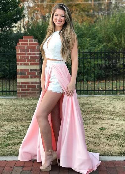 SP1282,A-Line Halter Satin Party Dresses,Lace Sleeveless Red Two Pieces Prom Dresses