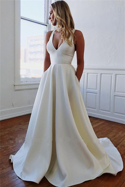SP1260,Elegant White V Neck Satin Long Prom Dress with Pockets,White Evening Dress,Bow Back Formal Dress