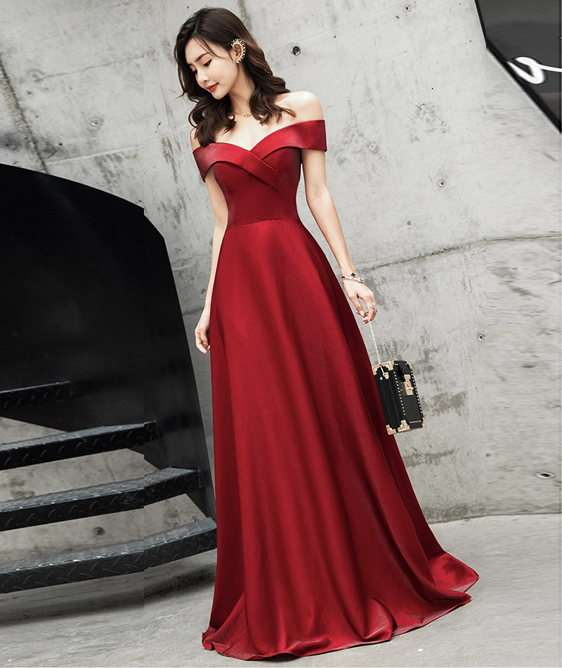 Burgundy satin long prom dress cute evening dress