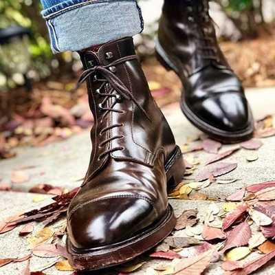 Handmade Brown Leather Boot Men's Dress Designer Cap Toe Lace Up Boot