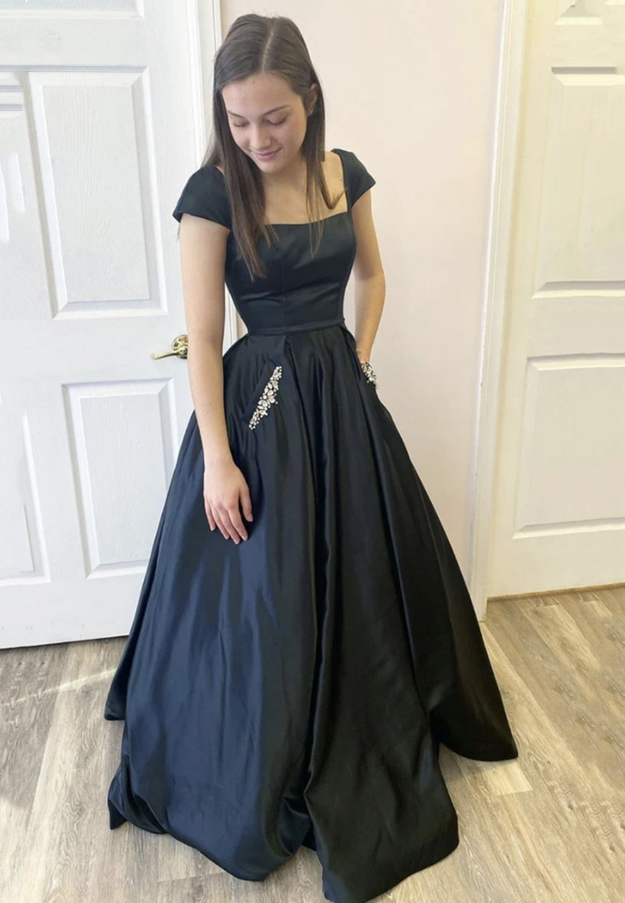 Blue satin long prom dress blue evening dress