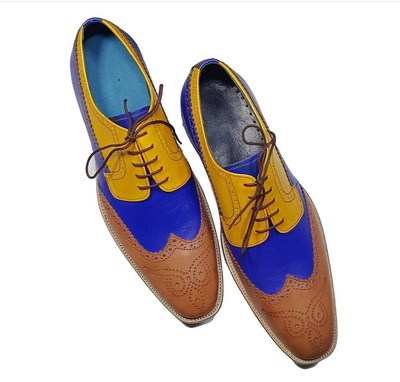 Men's Handmade Multi Color Wing Tip Leather Lace Up Oxford Dress Shoes