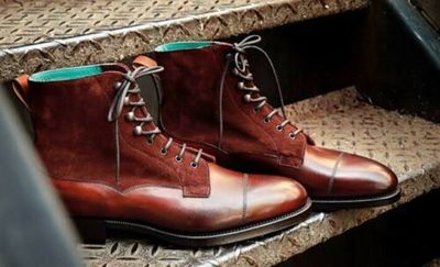 New Men's Handmade two tone Leather and suede Cap Toe Ankle High lace Up Boots