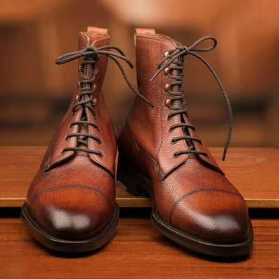 New Men Handmade Leather burnished Cap Toe Ankle High lace Up Boots