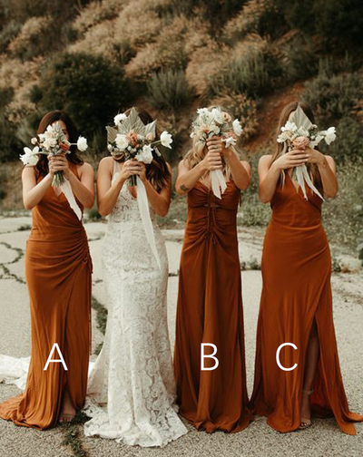 Fall Sheath V Neck Orange Chiffon Long Bridesmaid Dresses