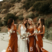 Fall Sheath V Neck Orange Chiffon Long Bridesmaid Dresses - Thumbnail 1