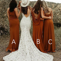 Fall Sheath V Neck Orange Chiffon Long Bridesmaid Dresses - Thumbnail 2
