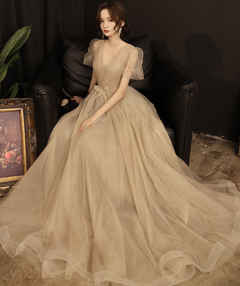 Cute v neck tulle long prom dress evening dress