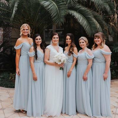Simple a-line off the shoulder light blue beach bridesmaid dresses - Thumbnail 3