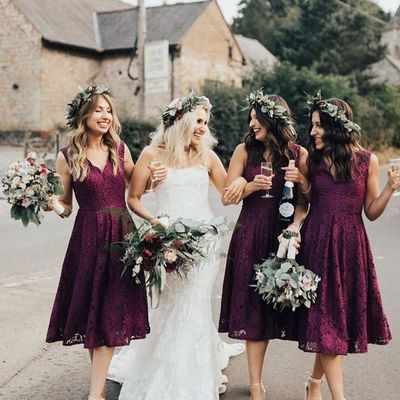Charming a line v neck burgundy high quality lace short bridesmaid dresses - Thumbnail 1