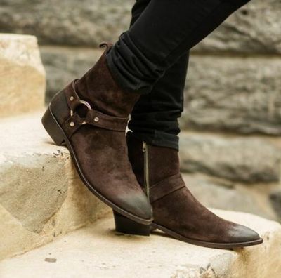 Men Handmade Brown Suede Ring style Boots with zip closure, Formal Ankle Boots
