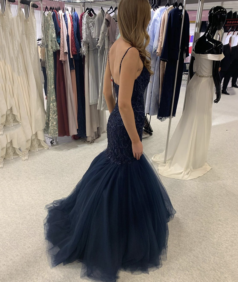 Blue tulle beads long prom dress mermaid evening dress