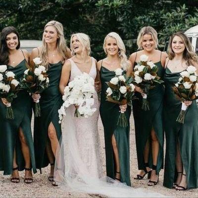 Sheath cowl neck spaghetti straps dark green satin bridesmaid dresses with split - Thumbnail 1