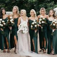 Sheath Cowl Neck Spaghetti Straps Dark Green Satin Bridesmaid Dresses with Split - Thumbnail 1