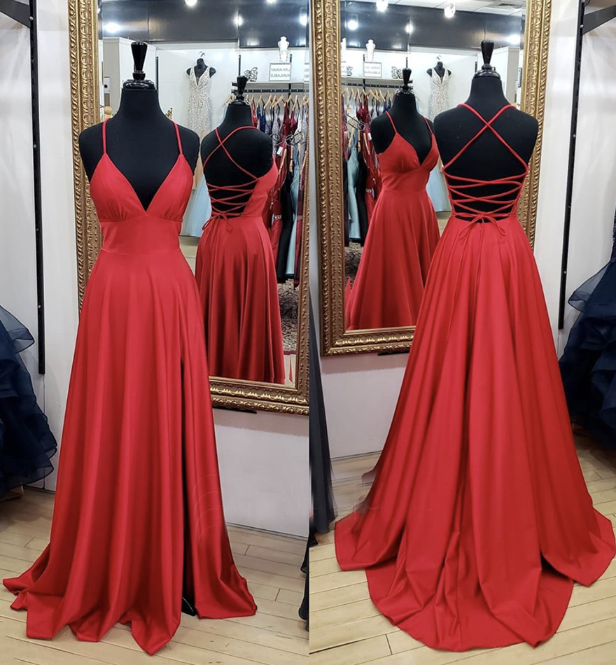 Red v neck long prom dress simple evening dress