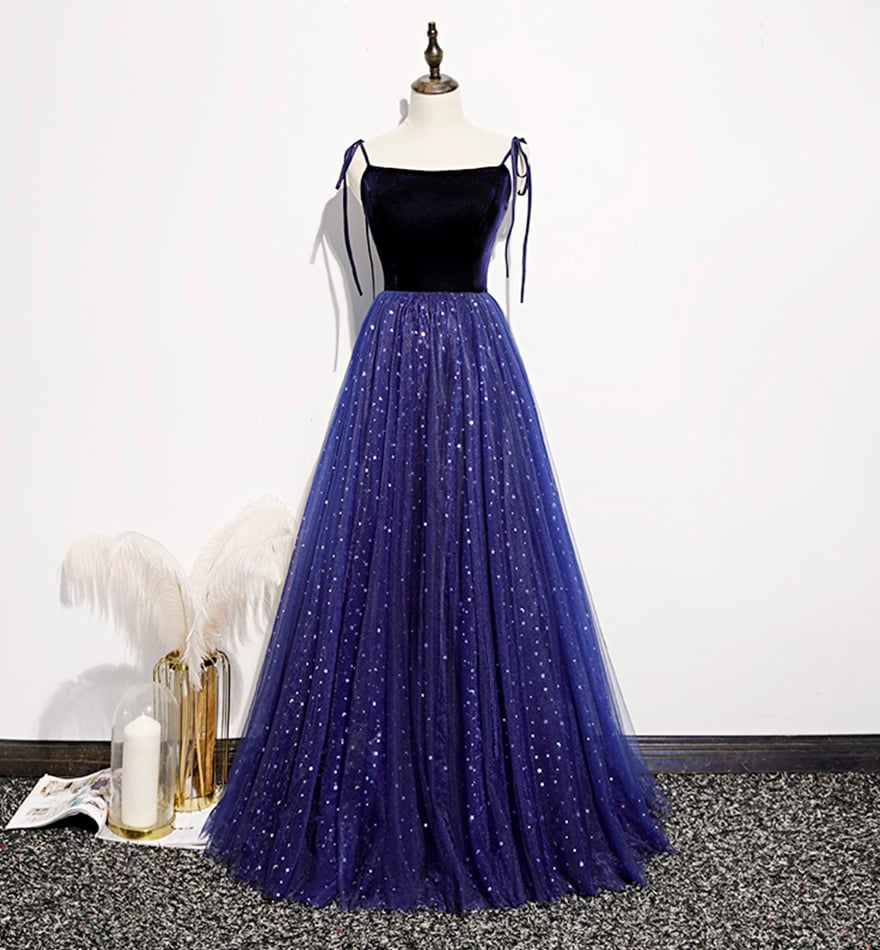 Blue tulle sequins long prom dress evening dress