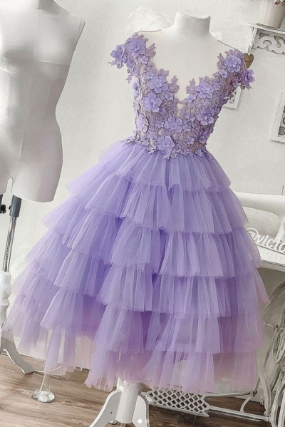 SP1296,Handmade Dresses Eye-Catching Lavender V-Neck Top Appliques Layered Tulle Homecoming Dresses,Cupcake Homecoming Dresses