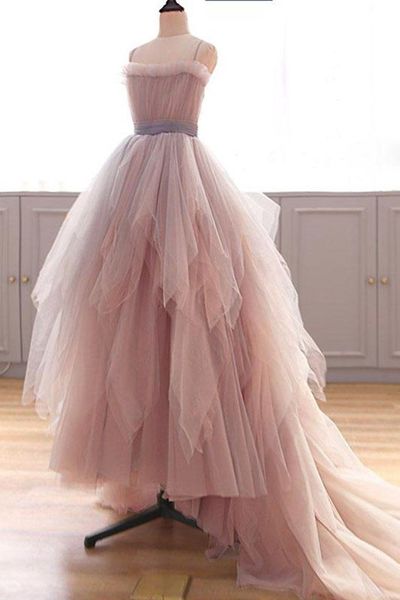 SP1297,Unique Smoking Pink Tulle Long Ruffles Evening Dress,Spaghetti Straps Tulle Prom Dress