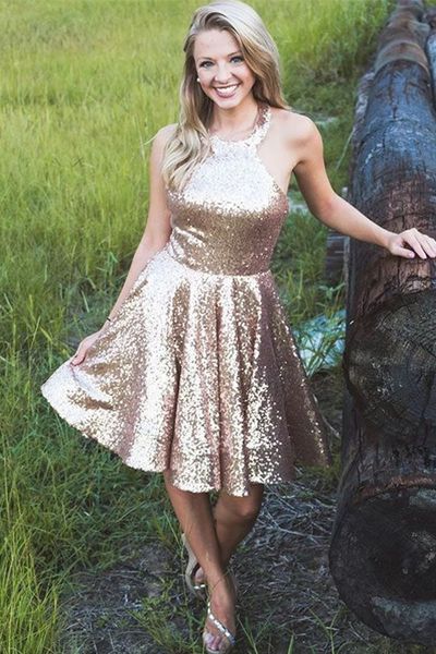 SP1301,Gold Shiny Sequin Halter Simple Homecoming Dresses,Sparkly Sequin Short Homecoming Dress