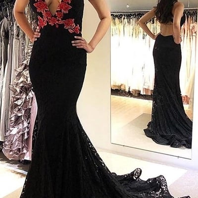 Chic mermaid v neck black lace prom evening dresses with appliques,formal party dresses with train - Thumbnail 5