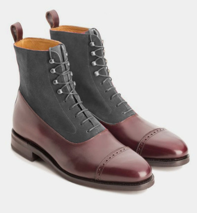 New Men’s Handmade Brown Gray Suede & Leather Boots, Men’s Cap Toe Ankle High