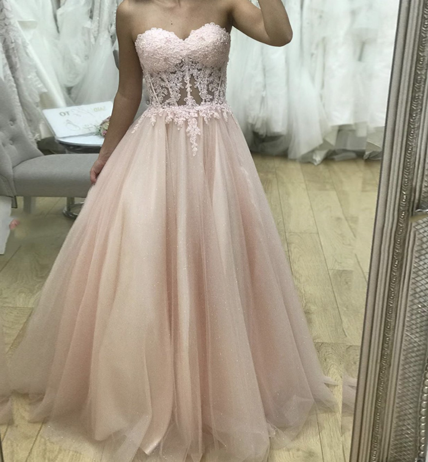 Pink tulle lace long prom dress pink evening dress