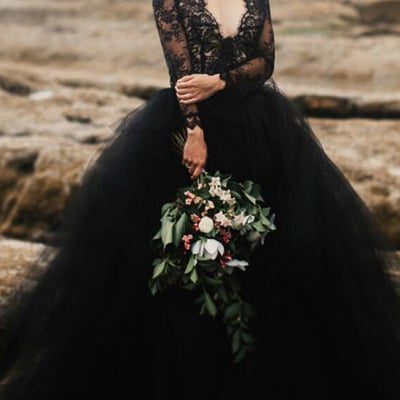 Charming a-line long sleeve black wedding dresses,lace wedding gown,black bridal dresses - Thumbnail 2