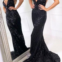 Sexy Mermaid Deep V Neck Black Sequins Evening Dresses, Sexy Party Dresses - Thumbnail 1