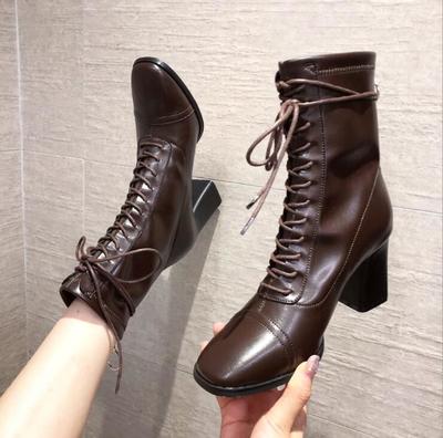 Autumn and winter 2020 new European And American Square Toe High-heeled Thick Heel Fashion Boots With European And American Short Boots Women F8410