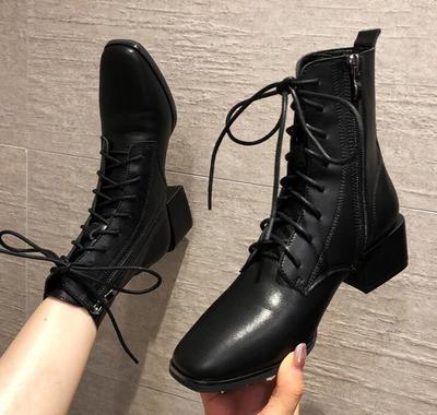 Short Boots Women's Autumn and Winter New Style Square Toe Thick Heel Lace-up Martin Boots Mid-up Boots For Women J6742