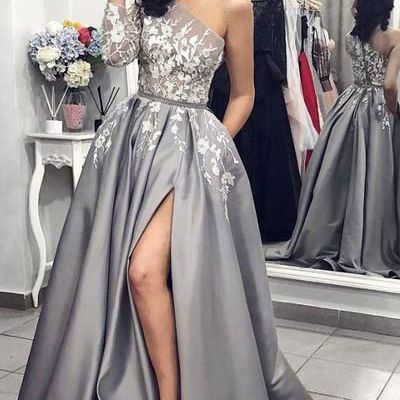 Ball gown one shoulder grey satin split lace prom dresses with pockets - Thumbnail 4