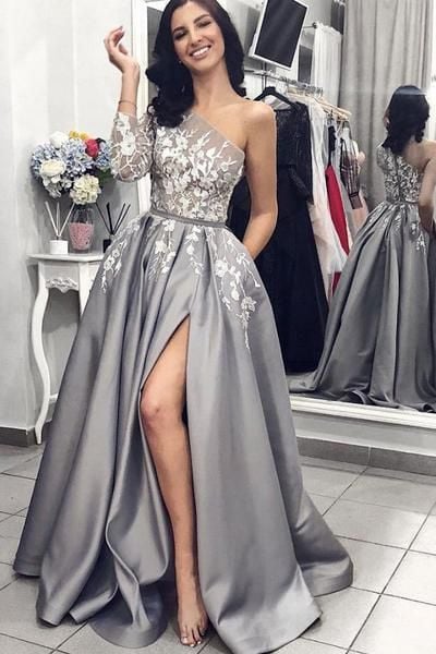 Ball Gown One Shoulder Grey Satin Split Lace Prom Dresses with Pockets
