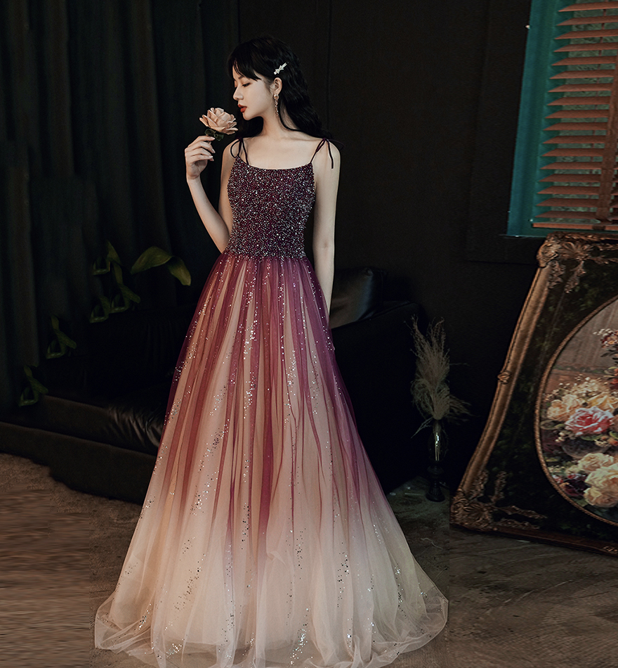 Burgundy tulle beads long prom dress evening dress