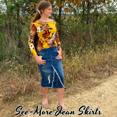 CLASSIC COMFORT DISTRESSED VINTAGE WASH MID LENGTH DENIM SKIRT